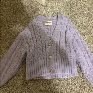Lavender Cable Knit Cardigan with flower buttons